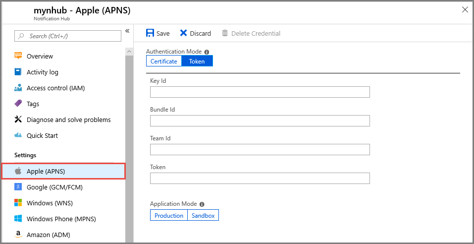 Captura de pantalla de una configuración del token APNS en Azure Portal