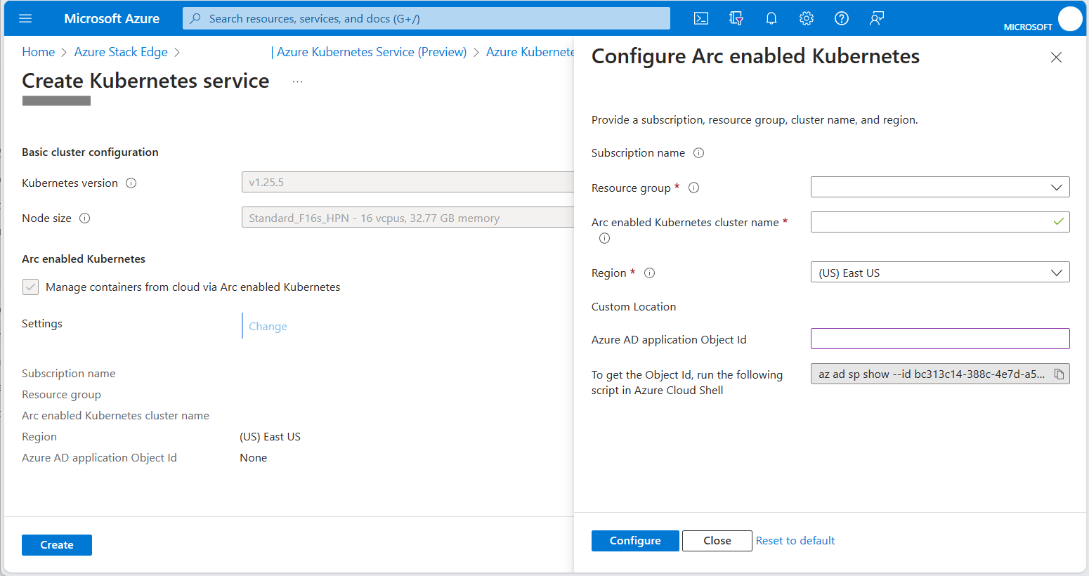 Captura de pantalla del panel ”Configurar Kubernetes habilitado para Arc”, que muestra dónde escribir el OID de ubicación personalizada.