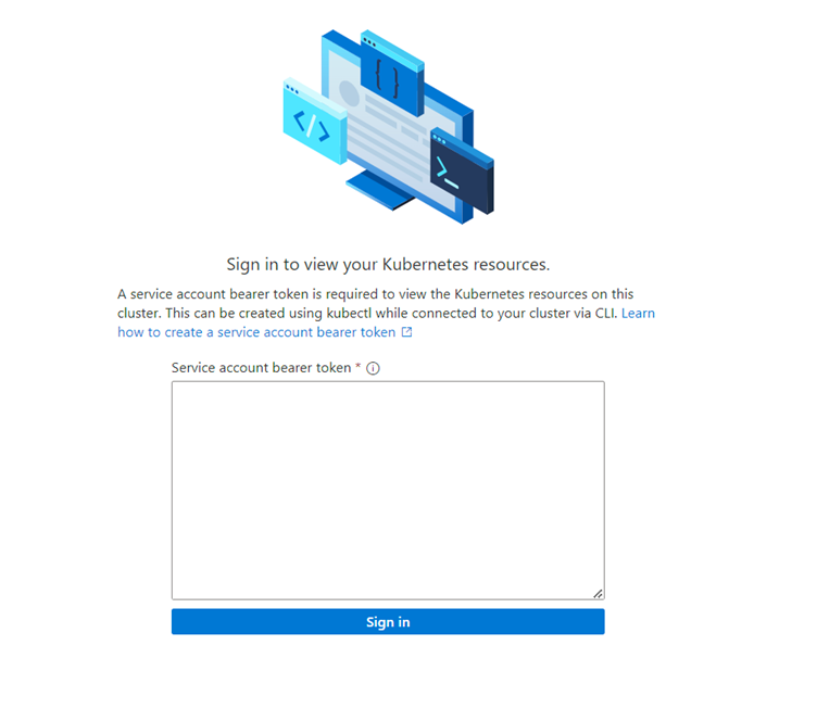 Captura de pantalla de la pantalla de inicio de sesión del recurso Kubernetes. Hay un cuadro para escribir el token de portador de la cuenta de servicio y un botón de inicio de sesión.