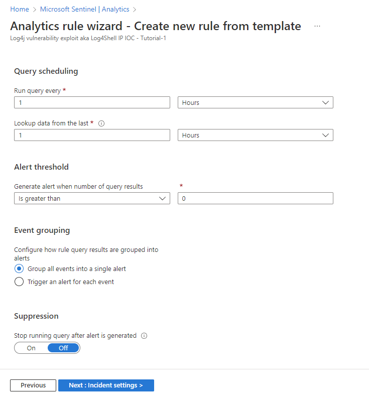 Screenshot of remaining rule logic settings for analytics rule.