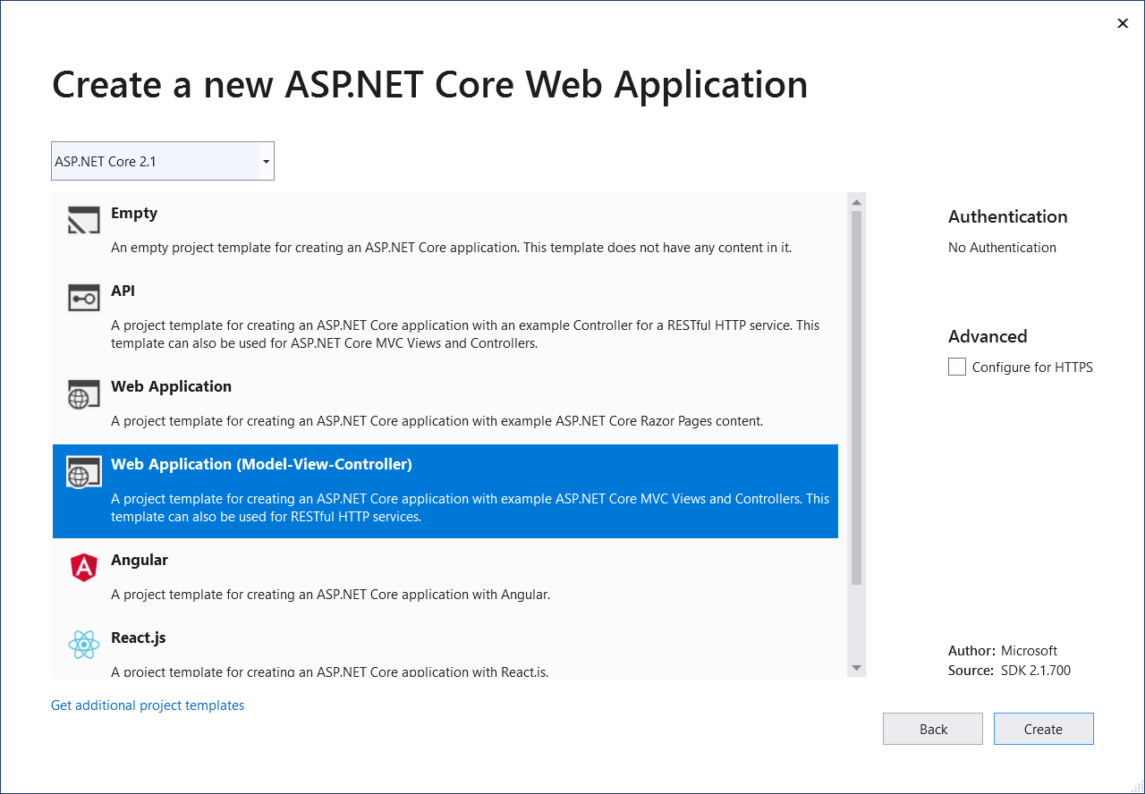 Captura de pantalla que muestra la selección del tipo de proyecto ASP.NET.