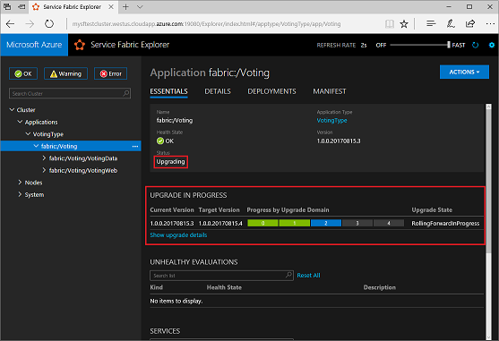 Recorte de pantalla que muestra la aplicación de votación en Service Fabric Explorer ejecutándose en un explorador, con los mensajes de estado destacados.