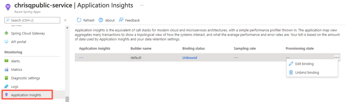 Captura de pantalla de Azure Portal de Azure que muestra la instancia de Azure Spring Apps con la página Application Insights y la opción 