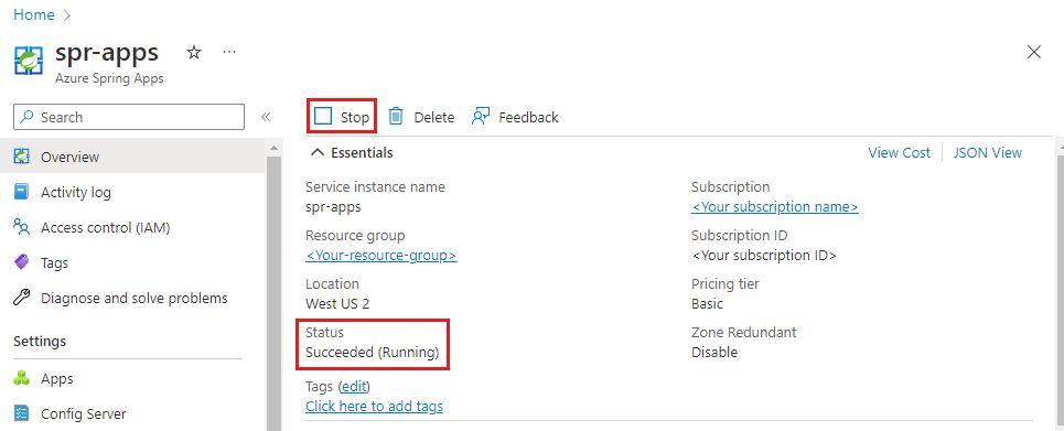 Captura de pantalla de Azure Portal en la que se muestra la página de información general de Azure Spring Apps con el botón Detener y el valor Estado resaltados.