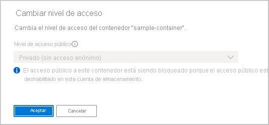 Captura de pantalla que muestra que la configuración del nivel de acceso anónimo de un contenedor está bloqueada cuando no se permite el acceso anónimo para la cuenta