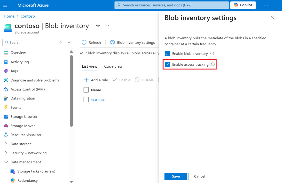 Captura de pantalla que muestra cómo habilitar el seguimiento de la hora de último acceso de la configuración del inventario de blobs mediante Azure Portal.