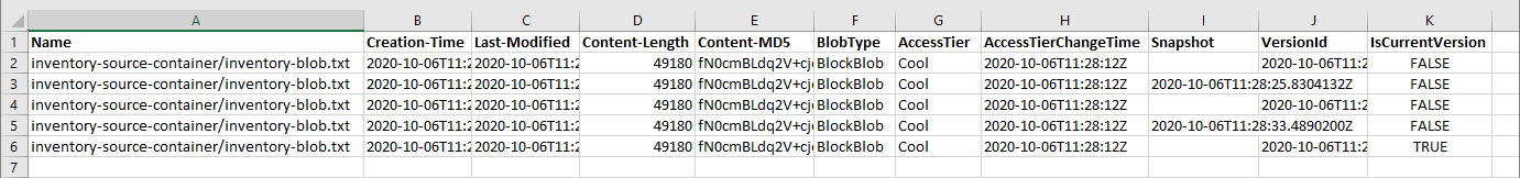 Captura de pantalla de un archivo CSV de inventario abierto en Microsoft Excel