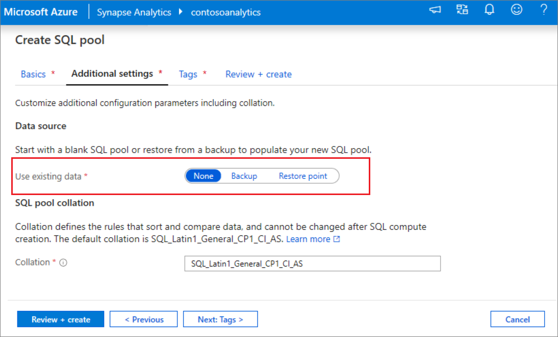 Captura de pantalla del flujo de creación de grupos de SQL: pestaña Configuración adicional.