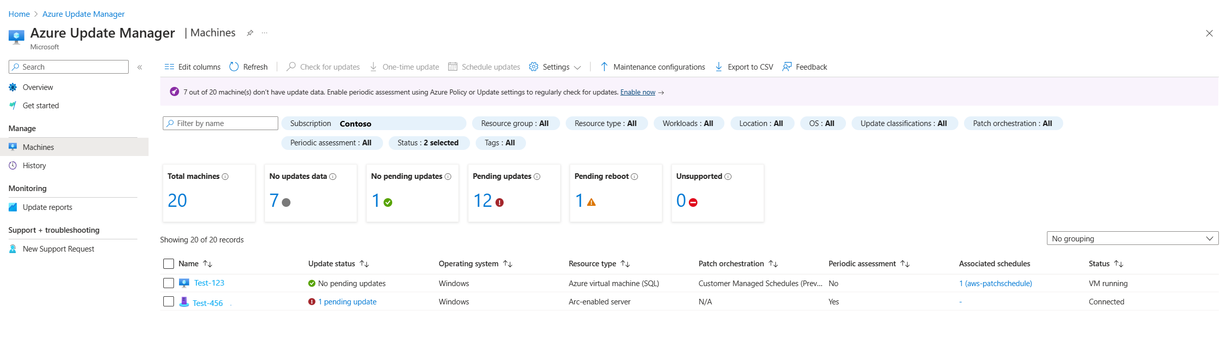 Recorte de pantalla que muestra la página Máquinas del Administrador de actualizaciones en Azure Portal.