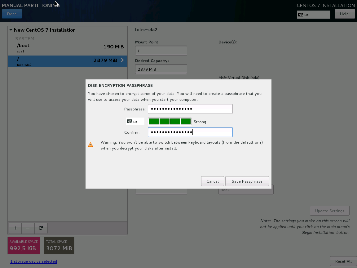 Configuración de CentOS 7: suministro de la frase de contraseña