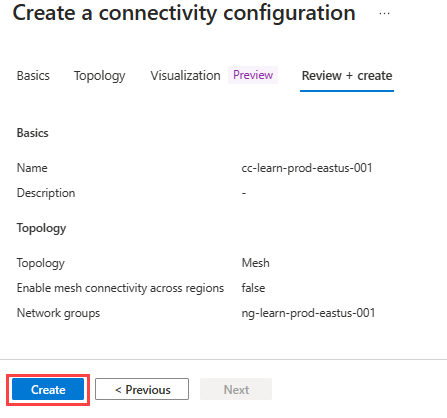 Captura de pantalla de la pestaña para revisar y crear una configuración de conectividad.