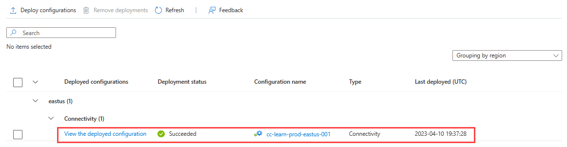 Captura de pantalla de una implementación de configuración que muestra el estado completado.