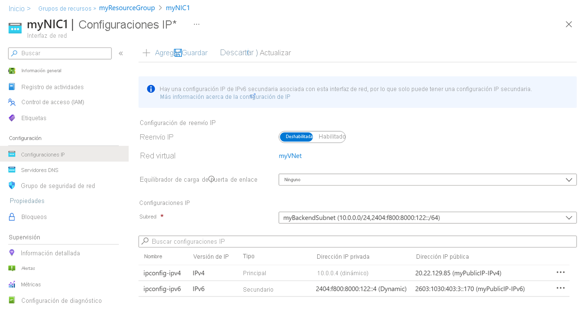 Captura de pantalla de las configuraciones de IP de la interfaz de red.