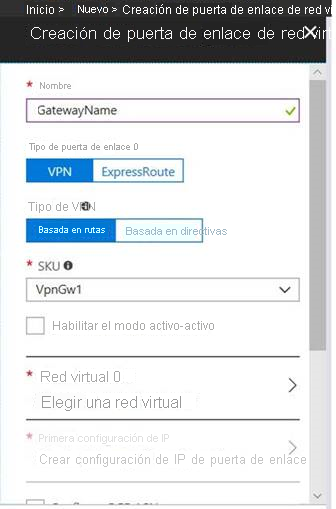 La imagen sobre la configuración de puerta de enlace de red virtual