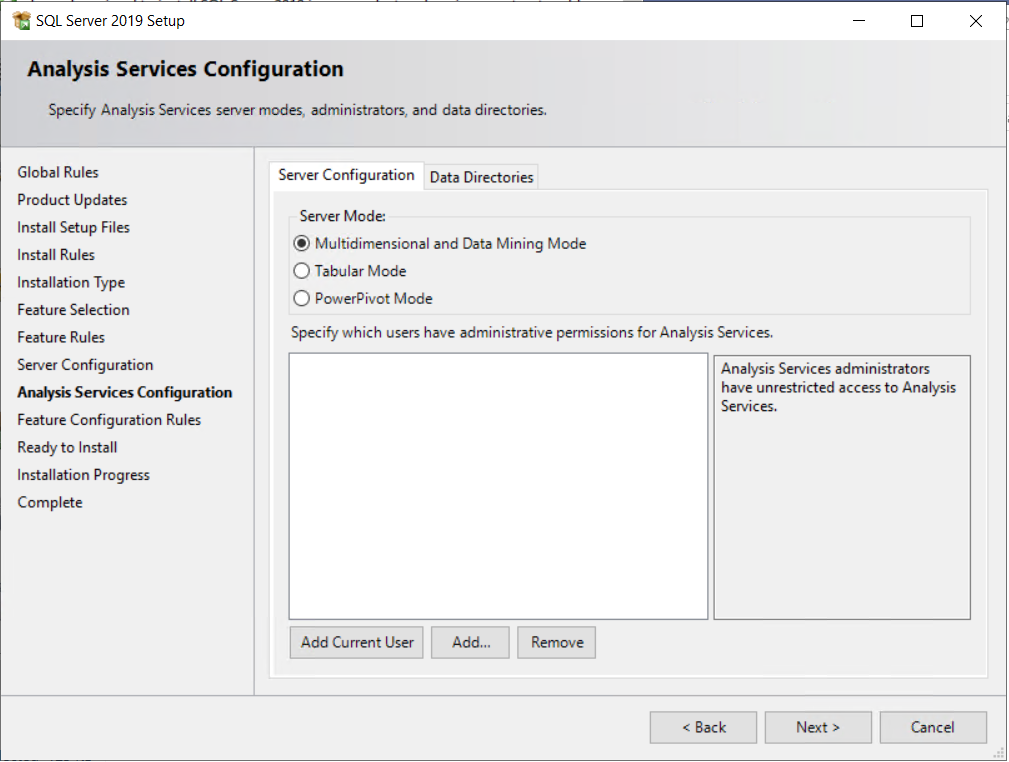 Cambio de Analysis Services del modo tabular al modo multidimensional al instalar SQL Server