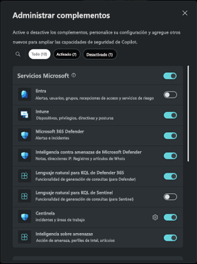 Captura de pantalla en la que se muestra activar o desactivar alternancias para complementos.