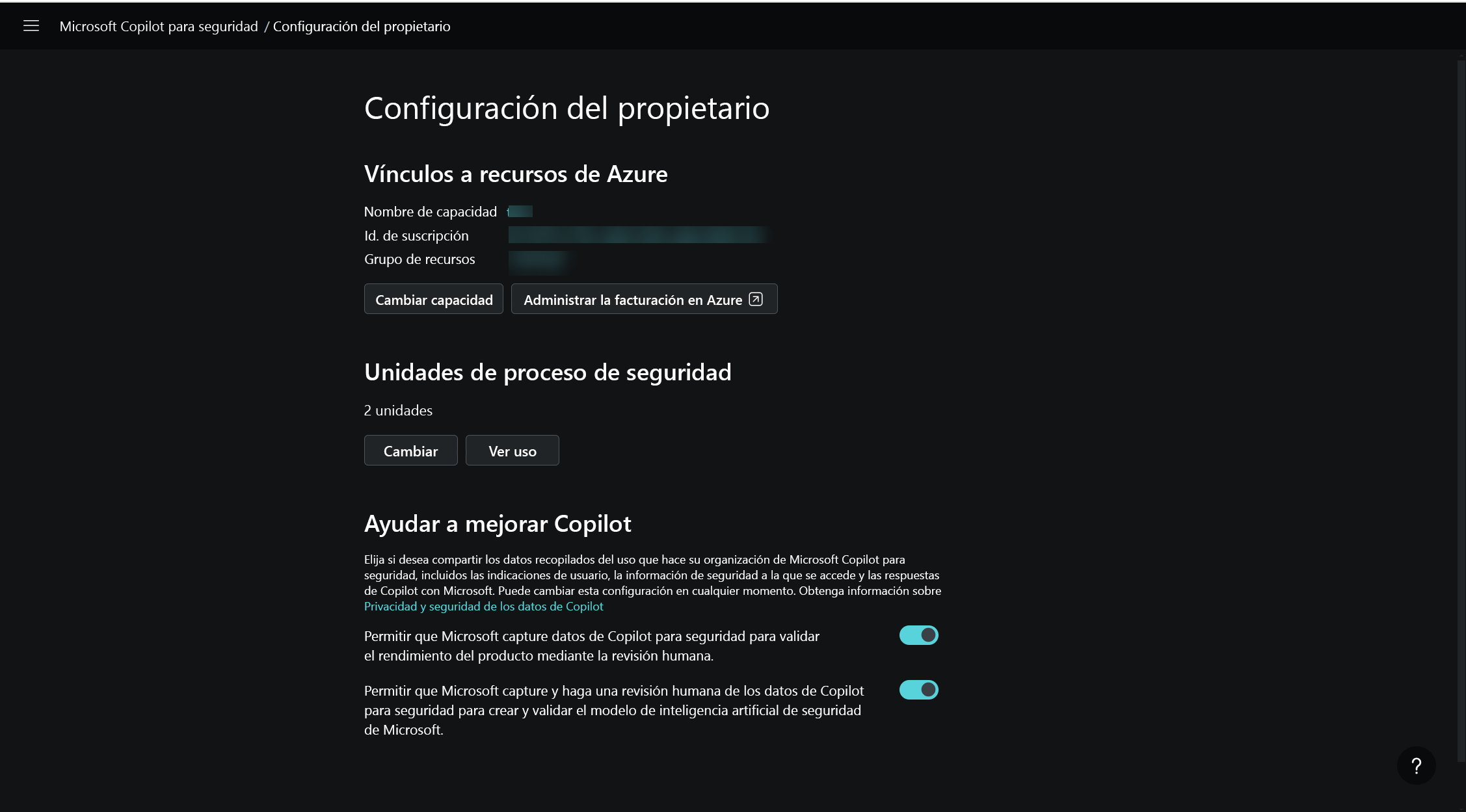 Captura de pantalla de la página de configuración del propietario.