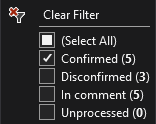 Captura de pantalla de las opciones de filtrado. Incluye Confirmado, No confirmado, En comentario y Sin procesar. Cada uno muestra cuántos resultados se aplican a esa categoría.