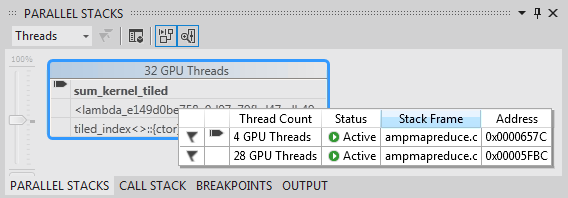 DataTip for Parallel Stacks window.