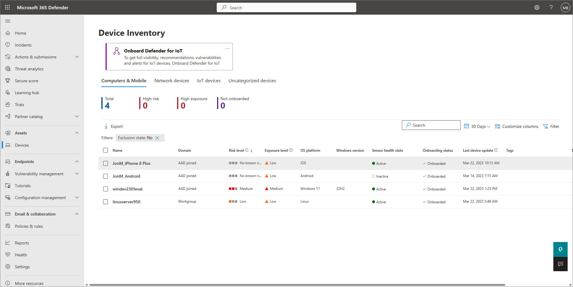 Captura de pantalla del informe de inventario de dispositivos en Defender para empresas.