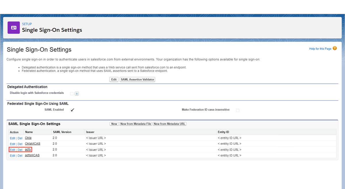 Seleccione Configuración de SSO de Salesforce.