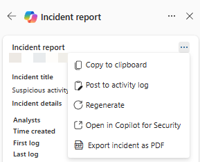 Captura de pantalla de las acciones adicionales en la tarjeta de resultados del informe de incidentes.