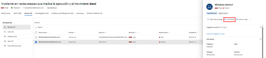 Captura de pantalla que resalta la opción de resumen del dispositivo en la pestaña Recursos de una página de incidentes en Copilot en Defender.