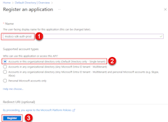 Captura de pantalla que muestra cómo rellenar la página de registro de una aplicación al proporcionar un nombre a la aplicación y especificar tipos de cuenta compatibles como cuentas solo en este directorio organizativo.