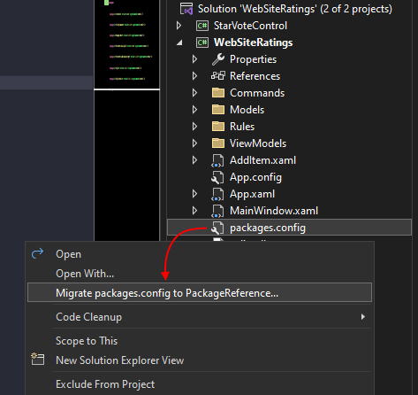 El menú contextual del Explorador de soluciones en Visual Studio, que muestra el elemento 