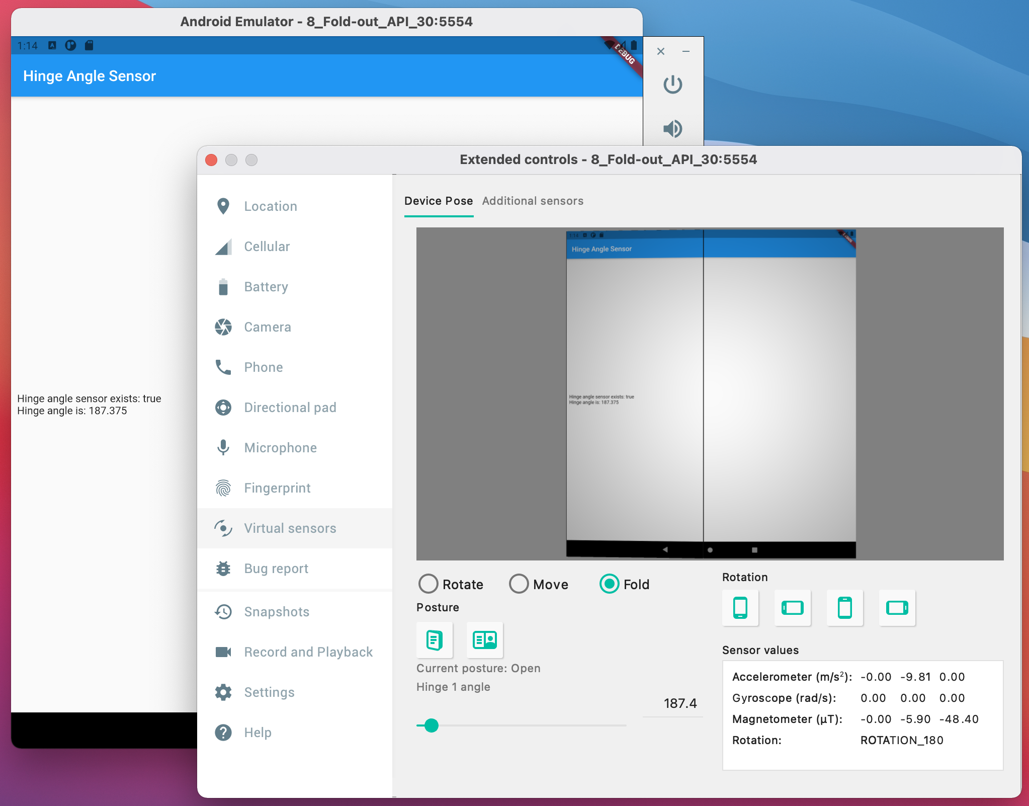 Ejemplo de flutter dual_screen que se ejecuta en un emulador plegable de Android Studio