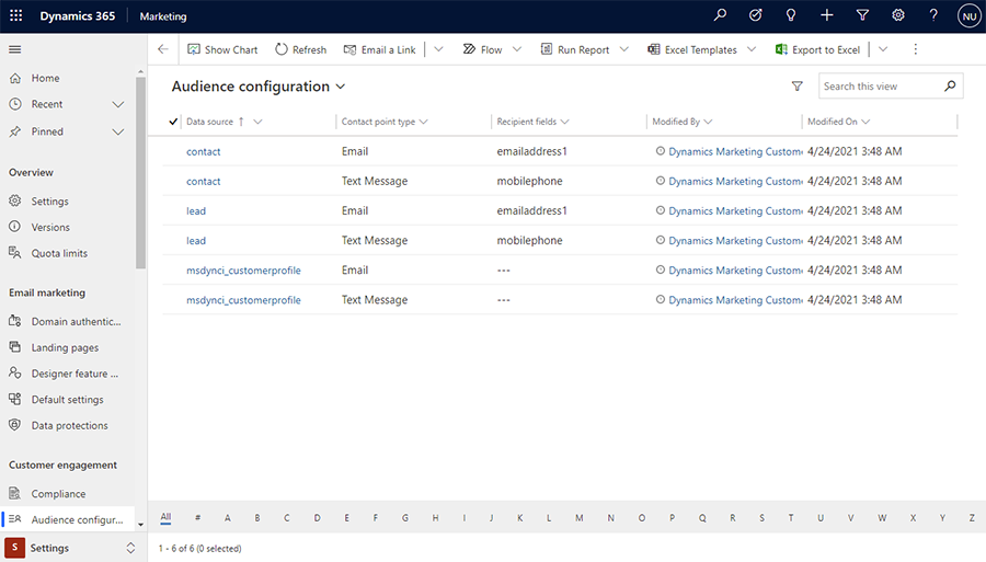 Captura de pantalla de las opciones de configuración de audiencia.