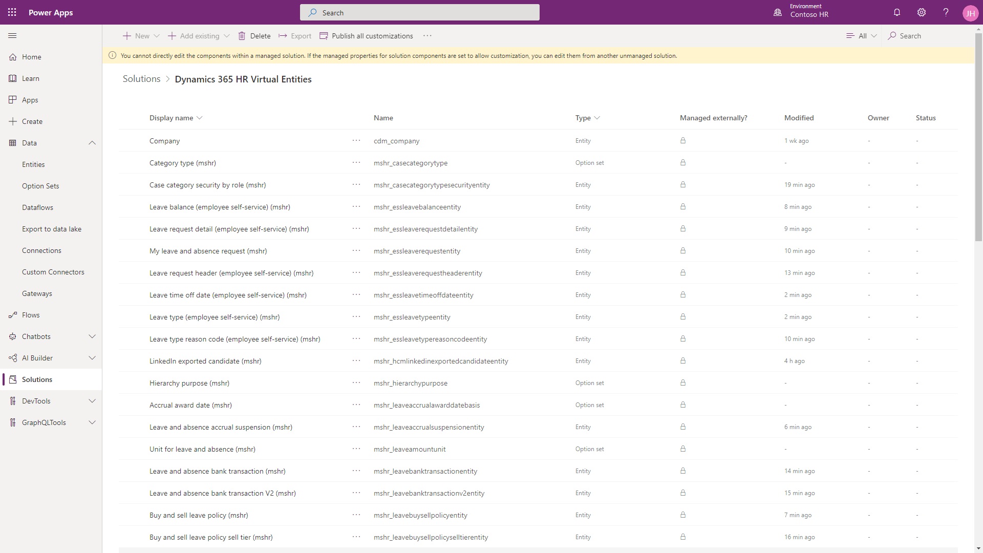 Tablas virtuales de Dynamics 365 HR en Power Apps.