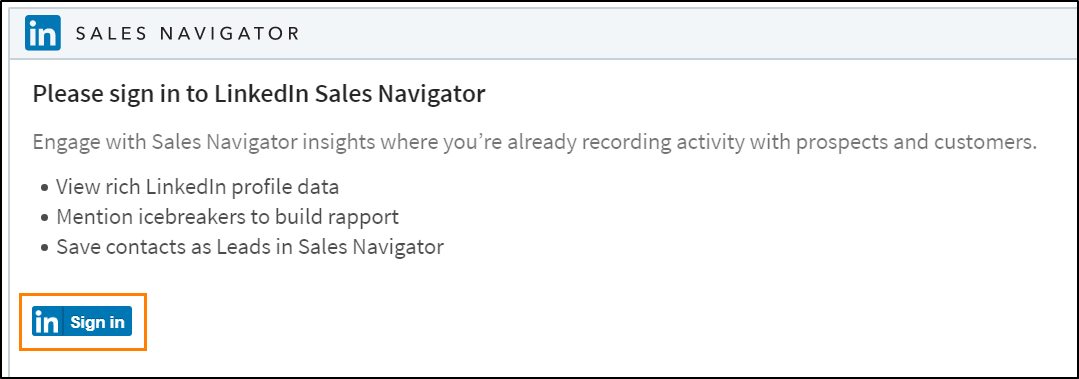 Iniciar sesión en el cuadro de diálogo de LinkedIn Sales Navigator.