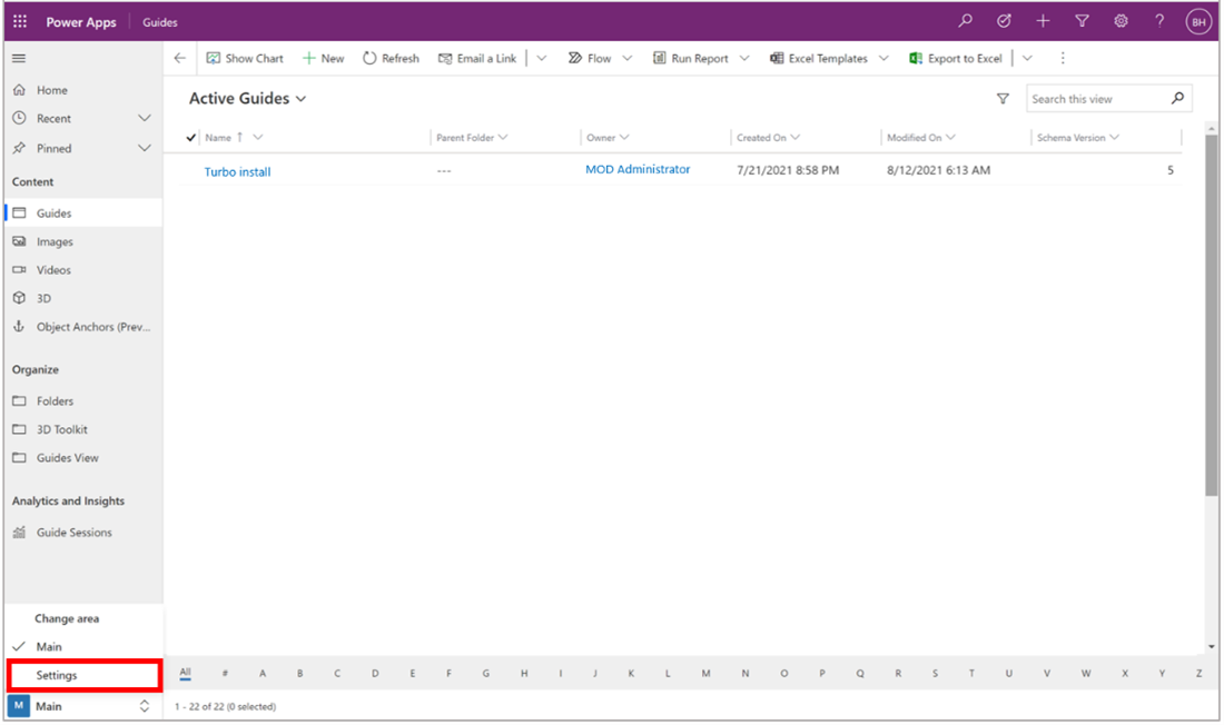 Captura de pantalla de la configuración principal de las guías en Power Apps.