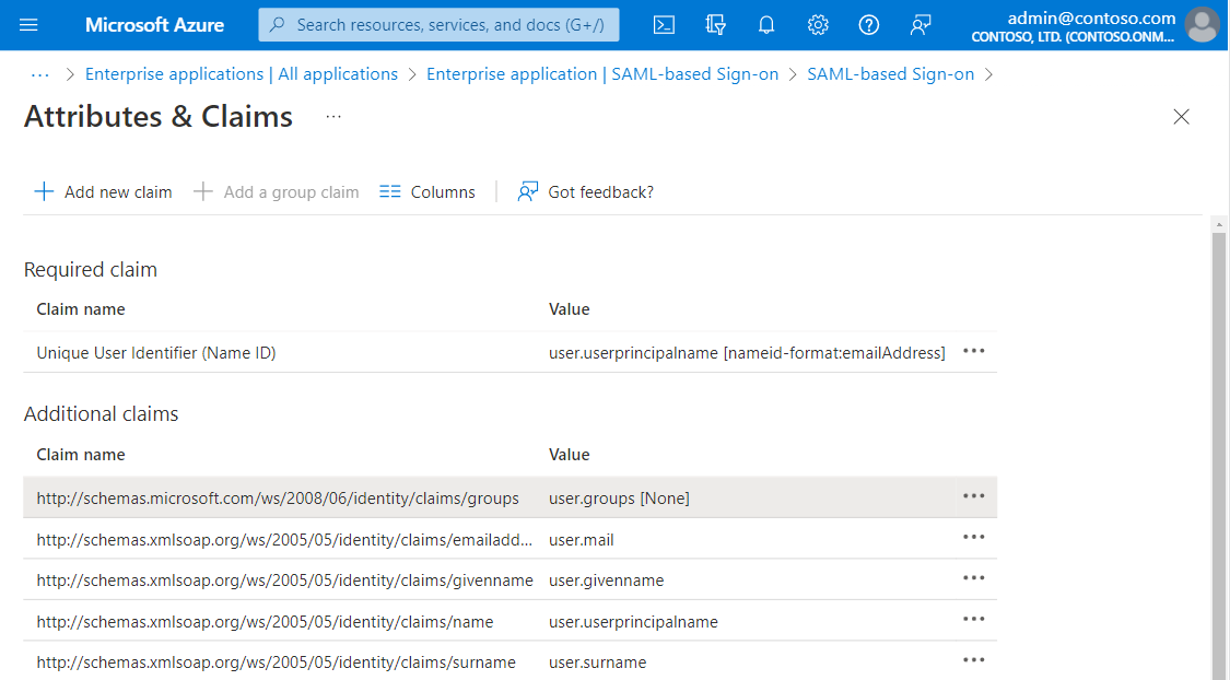 Captura de pantalla de los atributos del token SAML en la interfaz de usuario