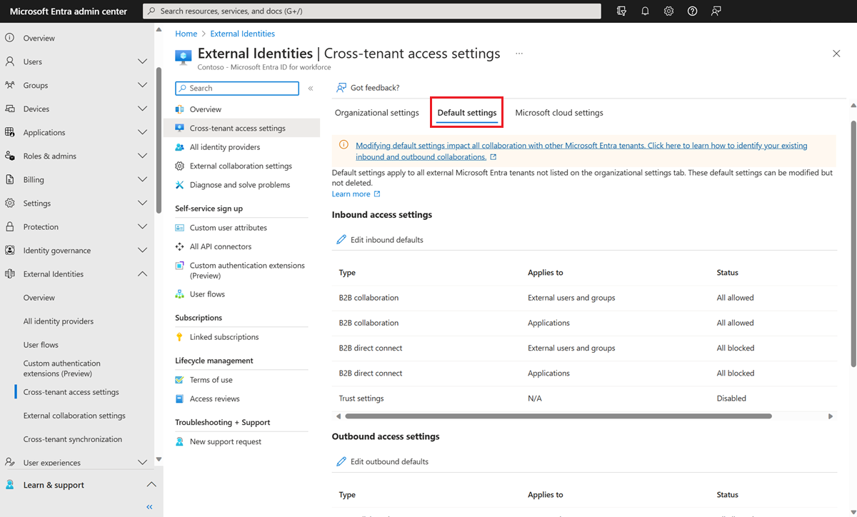 Captura de pantalla que muestra la pestaña de configuración de acceso entre inquilinos predeterminada.