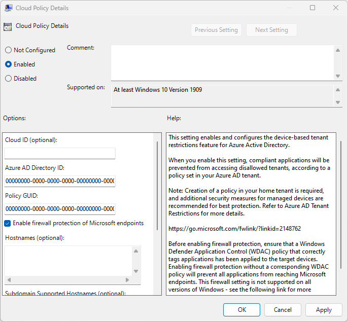 Captura de pantalla que muestra cómo habilitar la directiva de firewall.