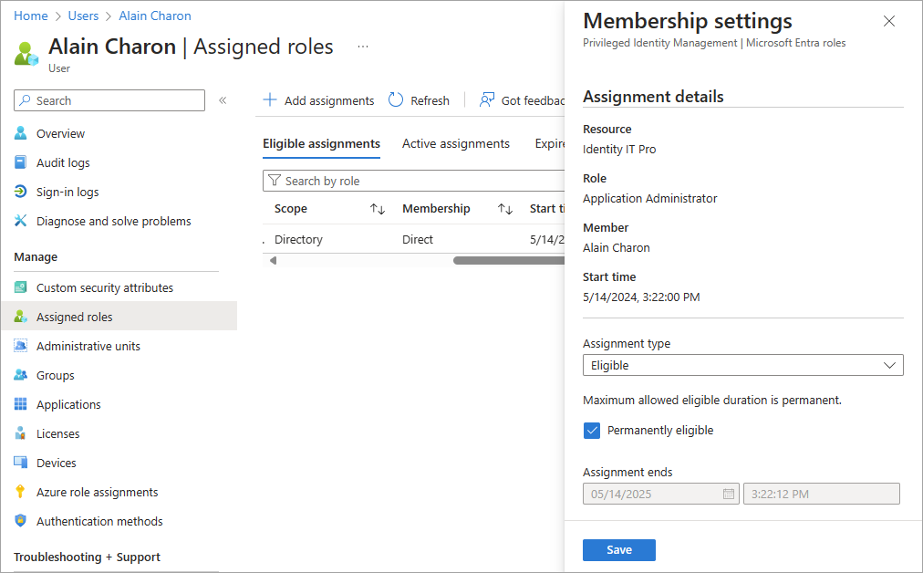 Captura de pantalla del panel de configuración de pertenencia a roles.