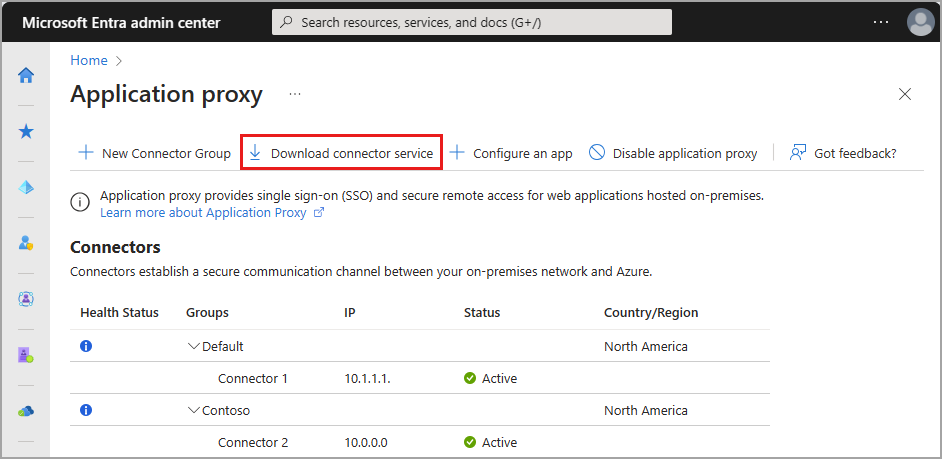 Captura de pantalla del botón Descargar servicio del conector en la página Proxy de aplicación.