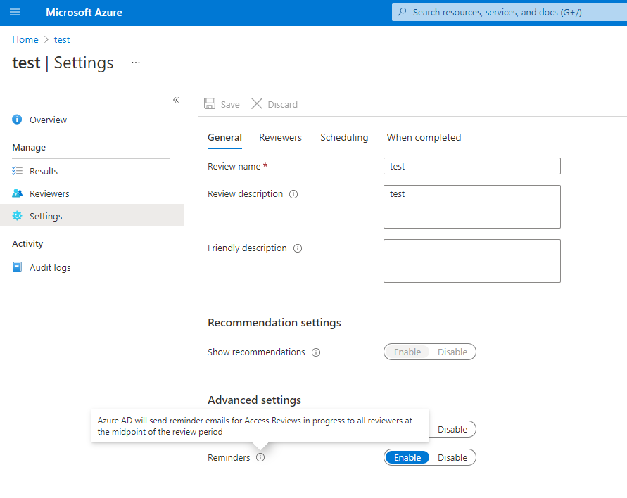 Captura de pantalla de la opción de recordatorio en la configuración de revisiones de acceso.