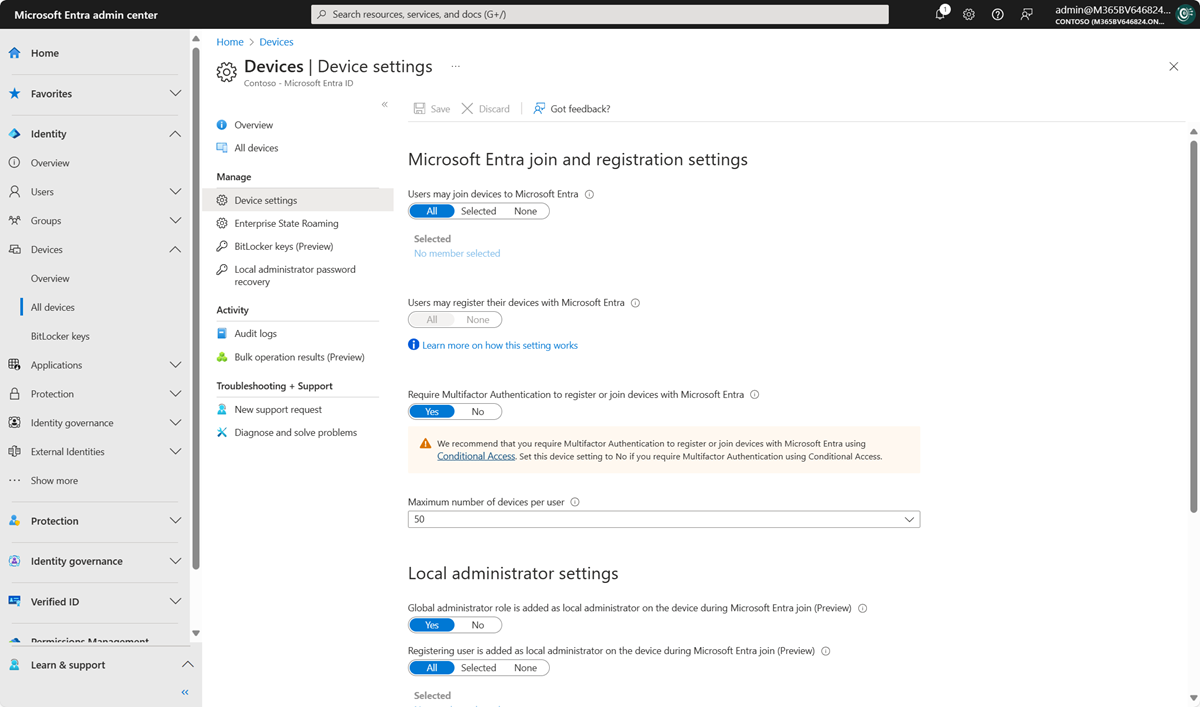 Captura de pantalla que muestra la configuración de dispositivos en relación con Microsoft Entra ID.