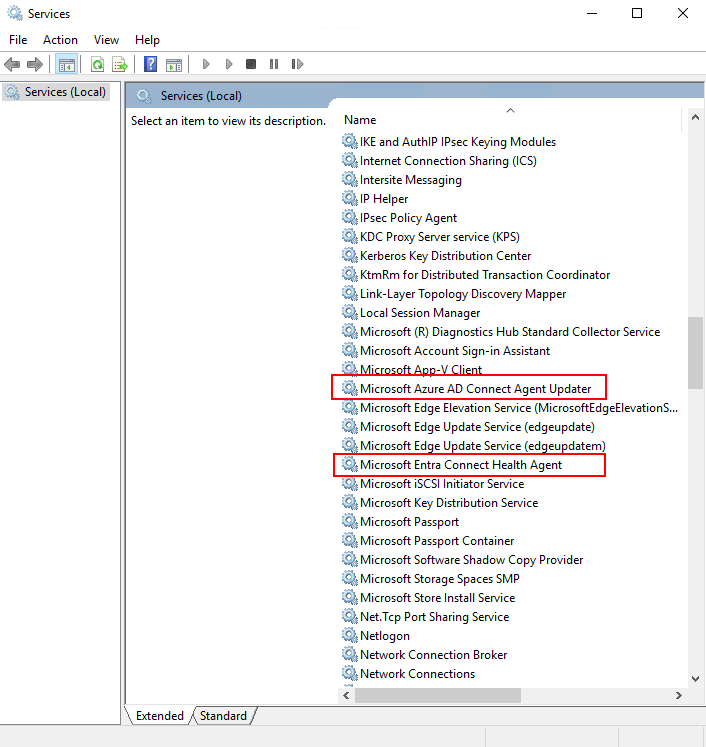 Captura de pantalla que muestra los servicios de Microsoft Entra Connect Health AD FS.