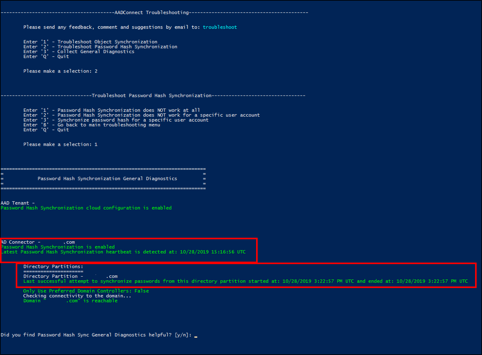 Captura de pantalla del registro de solución de problemas de Microsoft Entra Connect