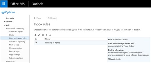 Captura de pantalla de la página Reglas de bandeja de entrada.