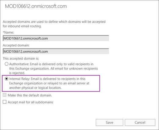 La captura de pantalla muestra el cuadro de diálogo Dominio aceptado con la opción Retransmisión interna seleccionada para el dominio aceptado especificado.
