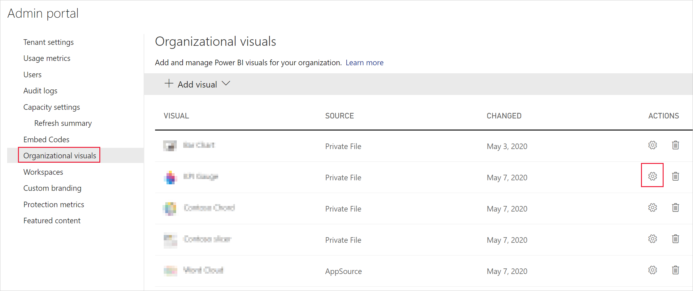 Captura de pantalla que muestra el menú de visuales organizativos en la configuración de administración de Power BI. La opción de añadir visual está desplegada. Se selecciona la opción de origen de aplicación y se muestra una lista de visuales de origen de aplicación.