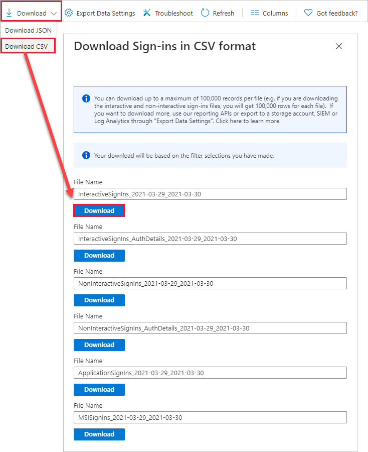 Captura de pantalla de la exportación de datos con la opción Descarga resaltada.