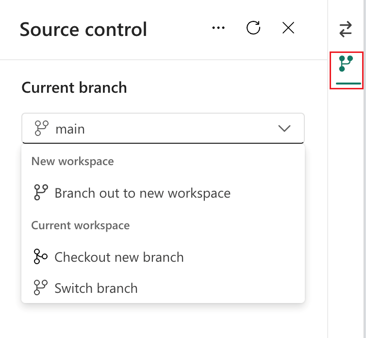 Captura de pantalla de la pestaña Ramificación en el panel Control de código fuente.