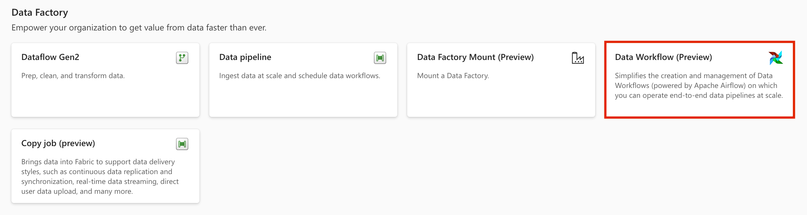 Captura de pantalla para seleccionar el flujo de trabajo de datos.