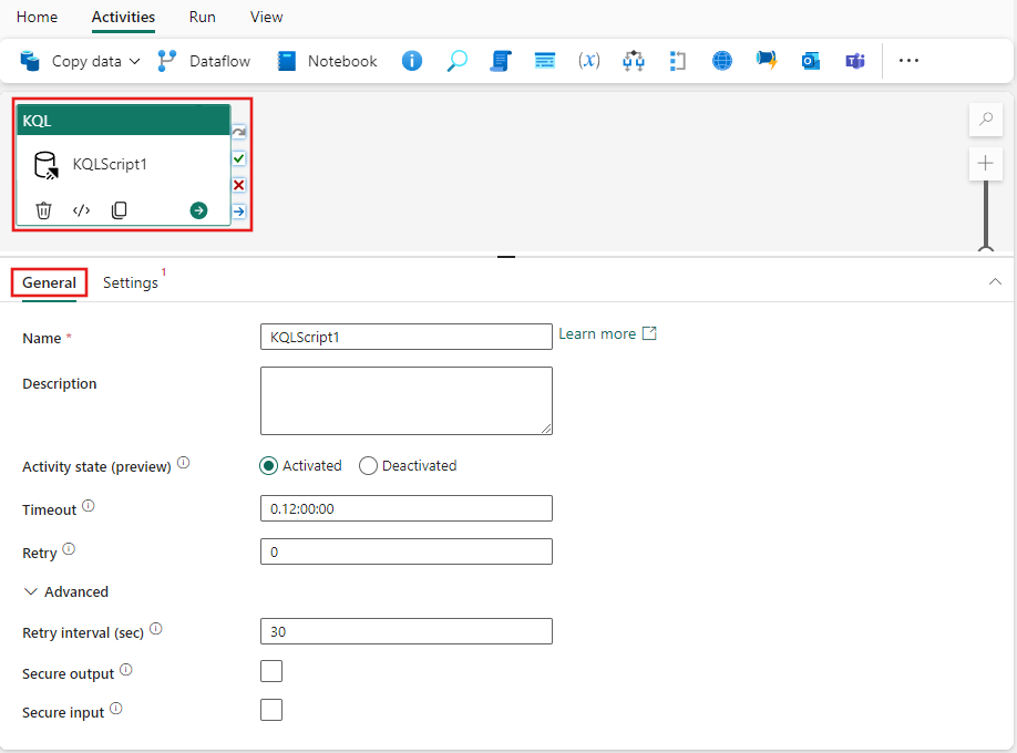 Captura de pantalla que muestra la pestaña Configuración general de la actividad KQL.